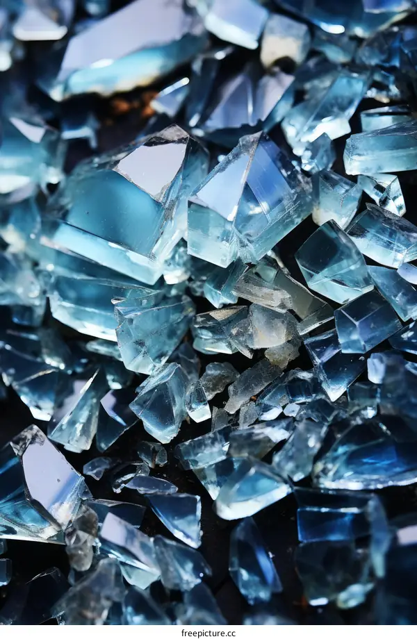 Blue crushed glass pieces scattered on a reflective surface
