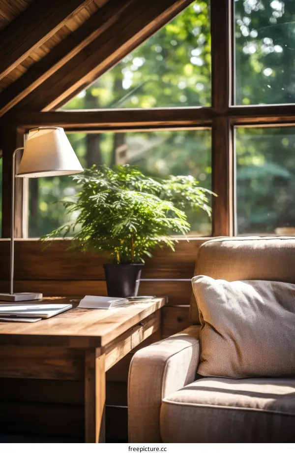 A cozy reading nook with a view of the forest