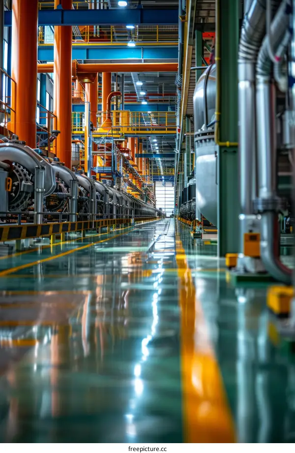 The interior of a modern factory with large metal structures and pipes