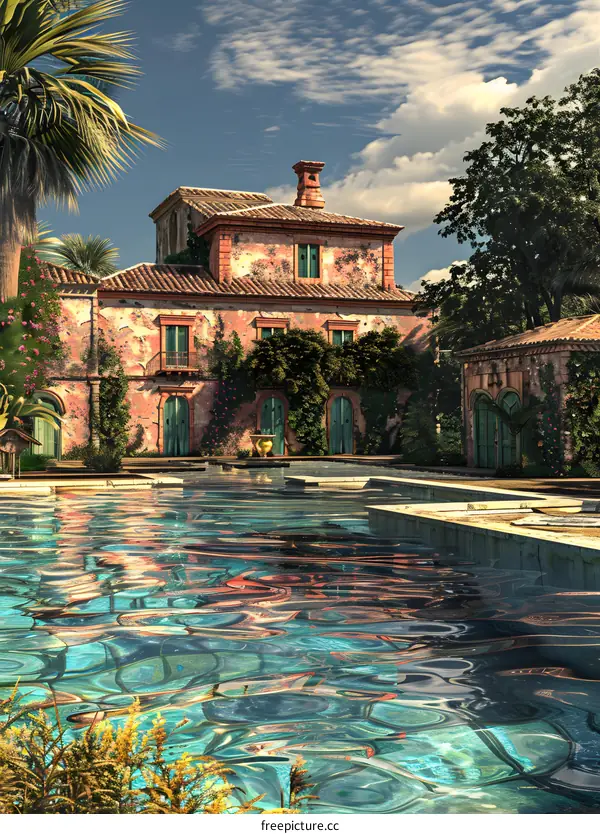 Italian Style Villa With Swimming Pool And Lush Greenery