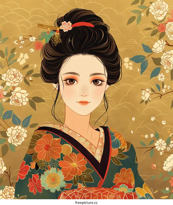 Beautiful Japanese Woman in Traditional Kimono with Floral Pattern