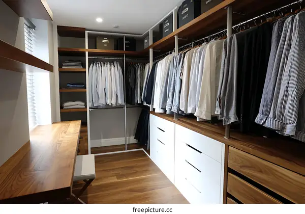 Modern Walk-in Closet with Wooden Accents