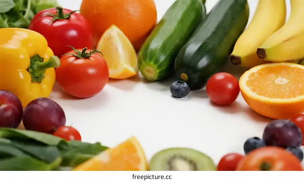 Colorful Fresh Fruits and Vegetables Arranged on White Background