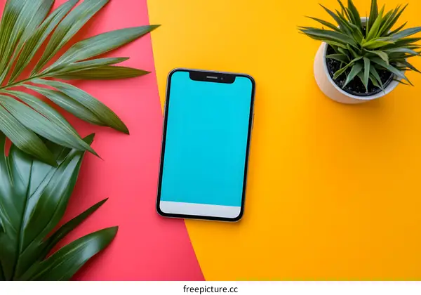 Smartphone Mockup with Green Plants on Yellow and Red Background