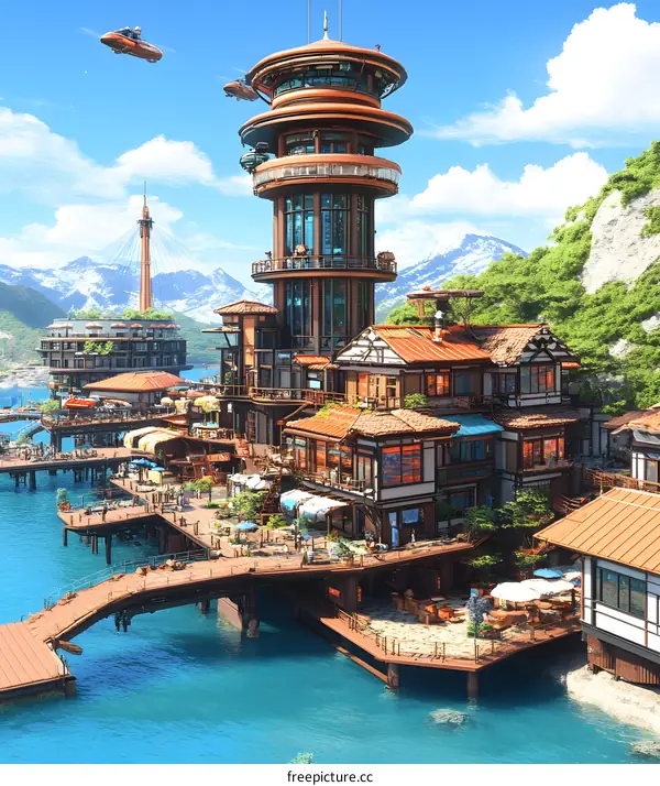 Futuristic Cityscape with Towering Structures and Waterside Buildings