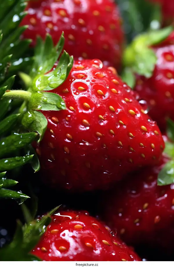 Close-up of Fresh Strawberries with Dew Drops