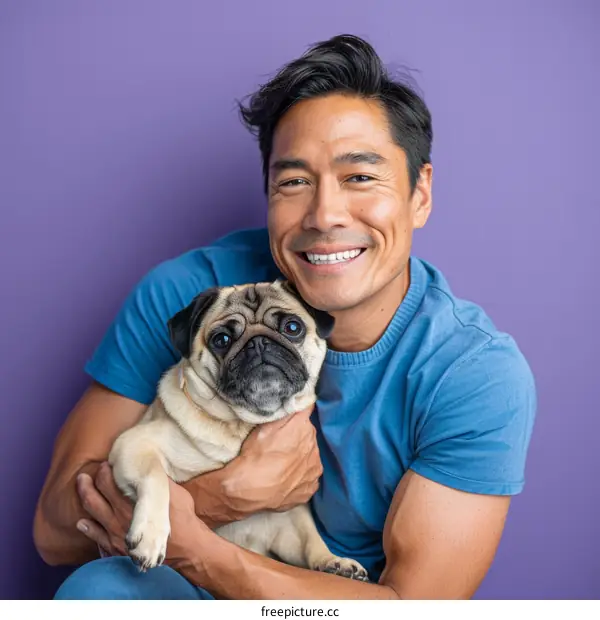A smiling Asian man in a blue shirt is holding a pug