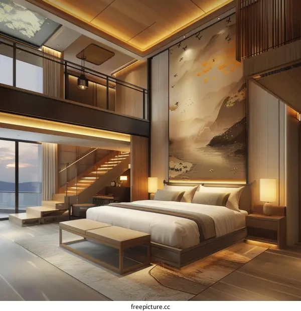 Modern Asian Style Bedroom Interior Design with Wooden Floors