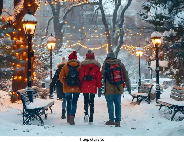 Group of People Walking in Snowy Street with String Lights