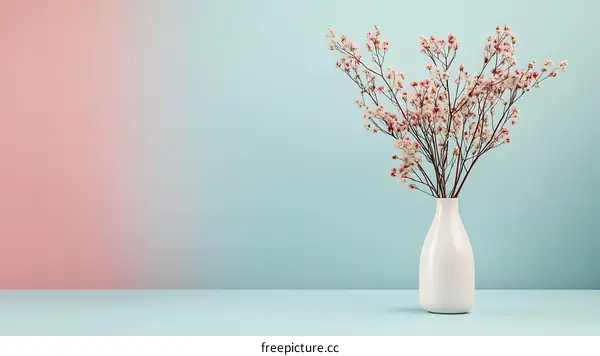 White Vase with Dried Pink Flowers on Blue and Pink Gradient Background