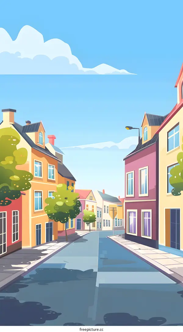 Cartoon Illustration of a Sunny Day in a European City