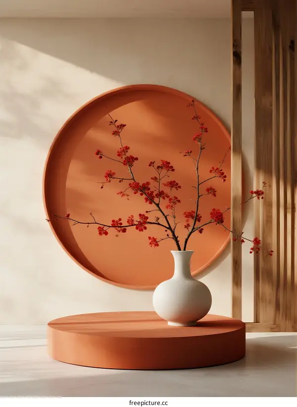 Minimalist Interior with Red Blossom Branch in White Vase