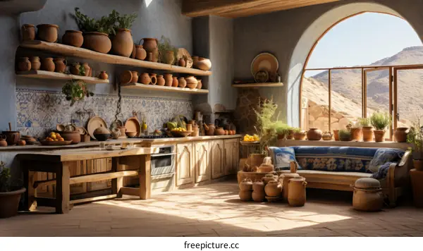 Sunlit Kitchen with Pottery Display