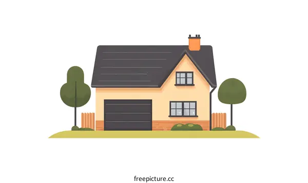 Illustration of a Yellow House with Garage and Two Trees