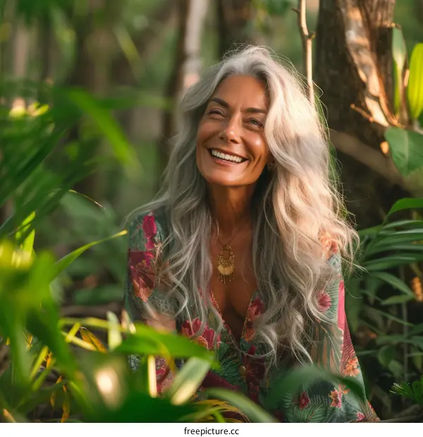 Portrait of a smiling woman with long gray hair and a floral dress standing in a lush green jungle