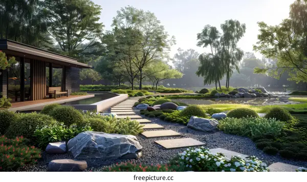 Modern house with beautiful garden and pond