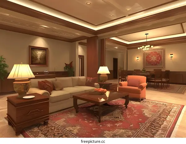 Modern Interior Design Living Room With Beige Sofa and Red Rug