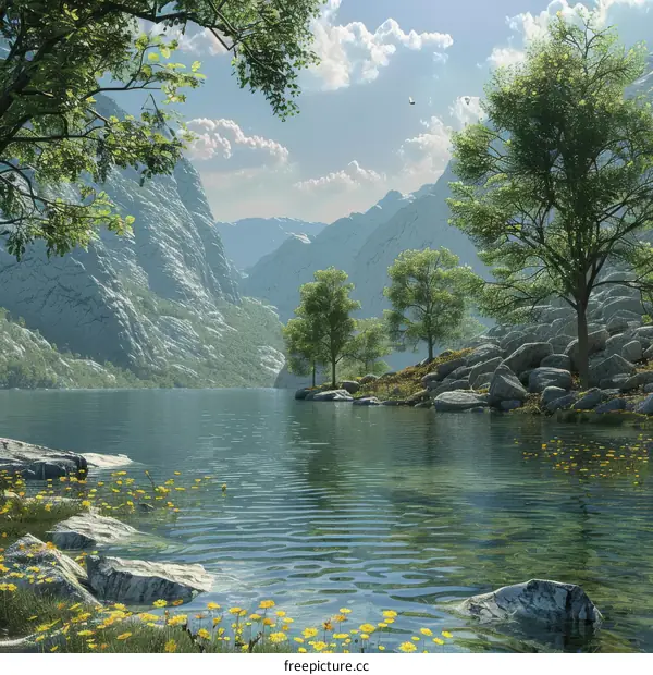 Tranquil mountain lake in a valley nestled by green trees and yellow flowers
