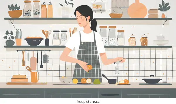 Woman In Apron Cooking In The Kitchen