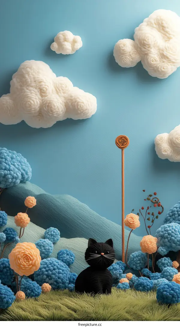 Cute Black Cat in a Floral Garden Illustration