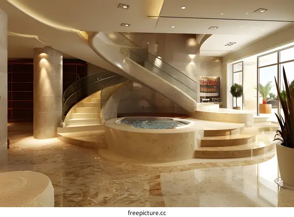 Modern Luxury Interior Design With A Jacuzzi And Curved Staircase
