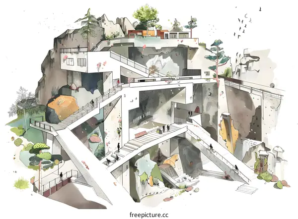 Abstract Watercolor Illustration of a City Built Into a Mountain