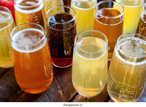 Assortment of Various Flavored Sparkling Cider in Clear Glasses