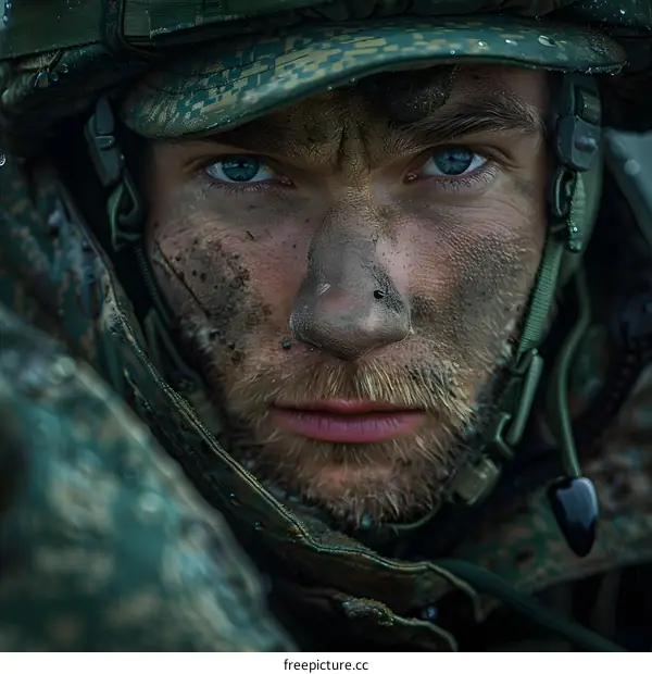 Portrait of a soldier with blue eyes and a beard wearing a military helmet and camouflage