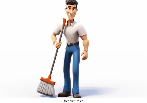 Cheerful Cartoon Man Holding a Broom