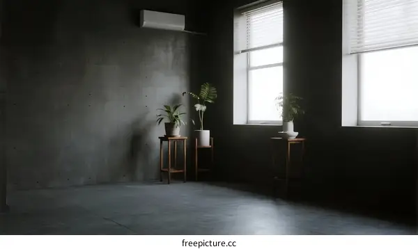 Dark room with plants and windows letting in natural light