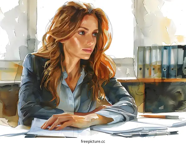 Watercolor Painting of Woman at Work