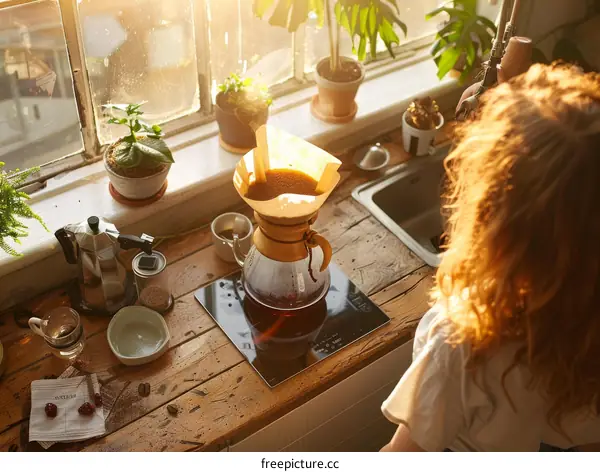 Redhead woman making pour over coffee in a bright kitchen