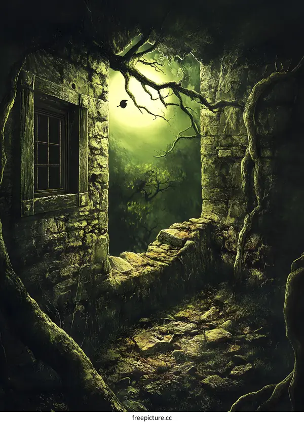Dark Forest Stone Ruins Fantasy Illustration