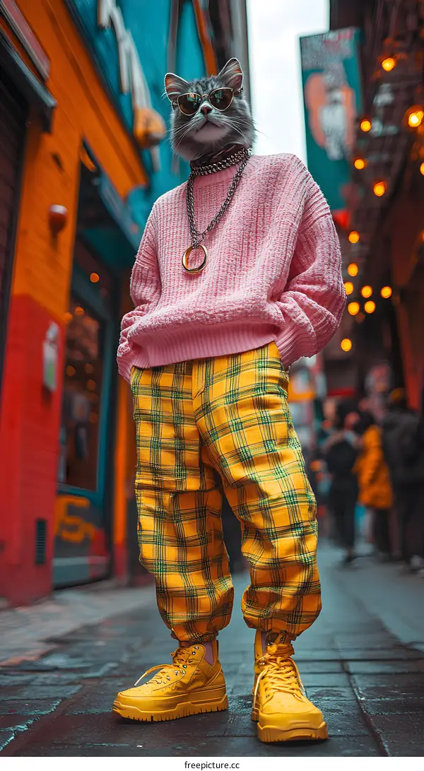Cat in Sunglasses and Plaid Pants Fashionably Strolling Down the Street