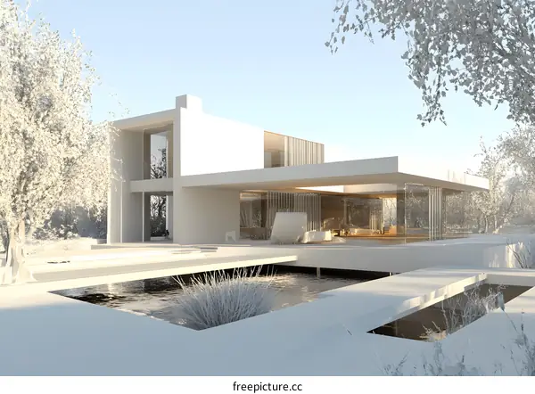 Modern White Minimalist House with Pool and Trees