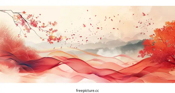 Red ribbons flowing in the beautiful landscape painting