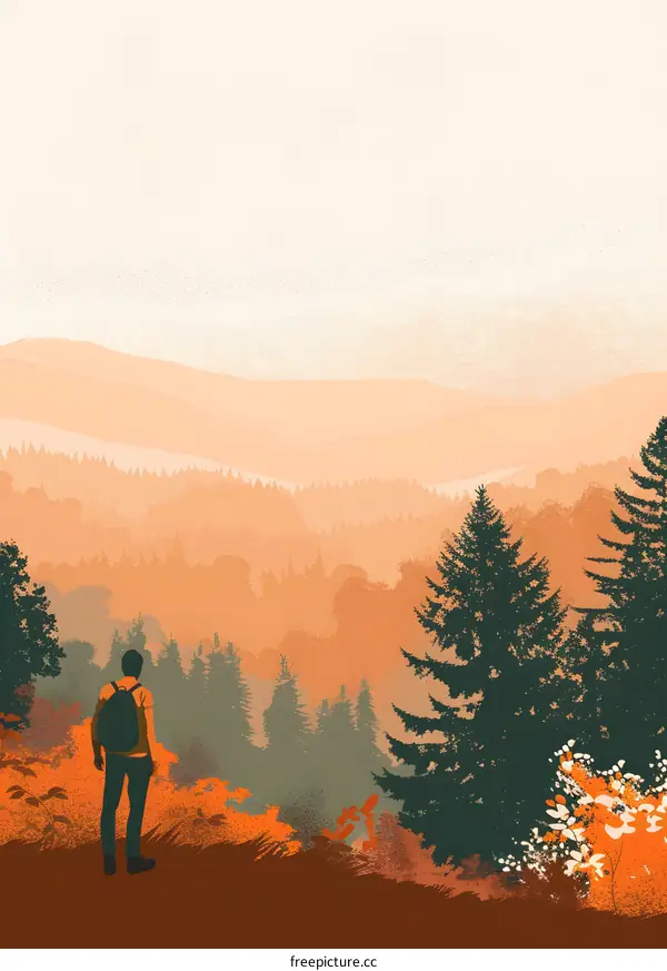 Man Looking at Misty Mountains and Forest