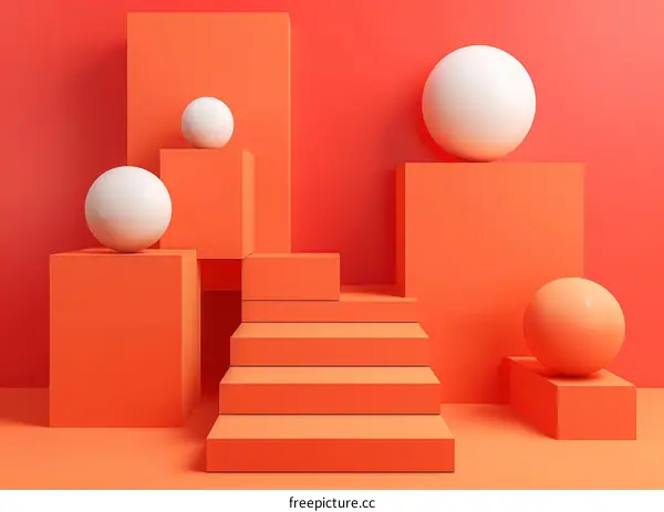 3D Orange Podiums and White and Orange Sphere Composition