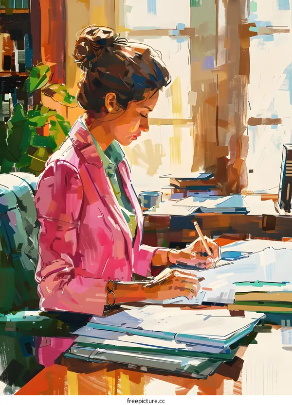 businesswoman sitting at desk writing on paper