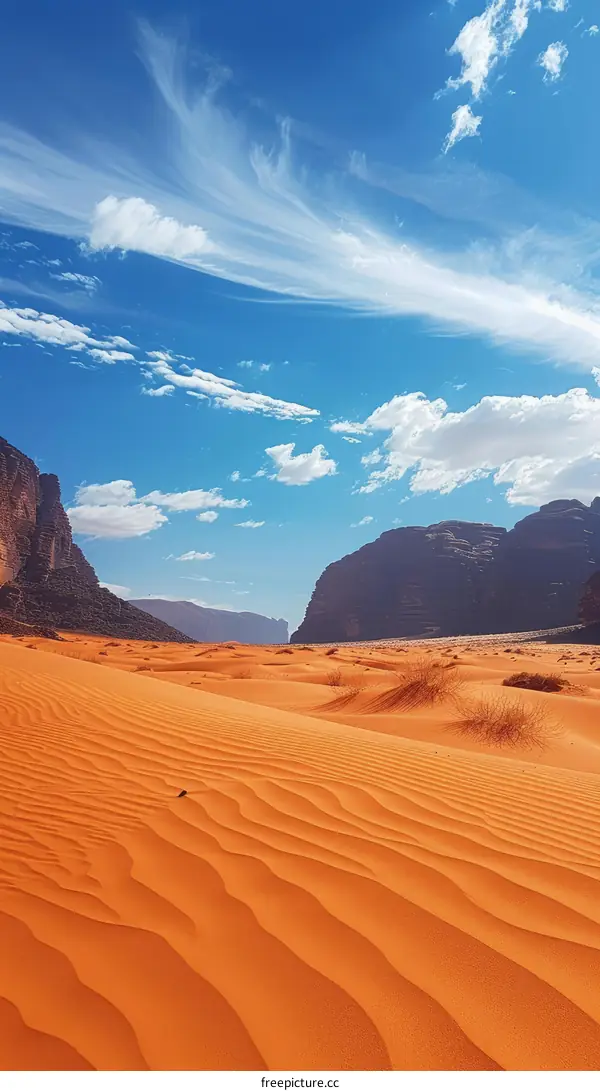 Desolate Desert Landscape with Rocky Mountains and Blue Sky