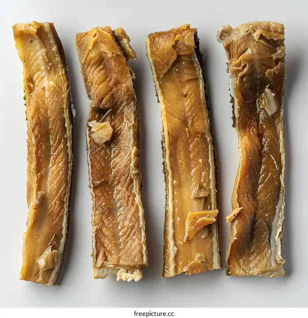 Four Pieces of Dried Fish on a White Background