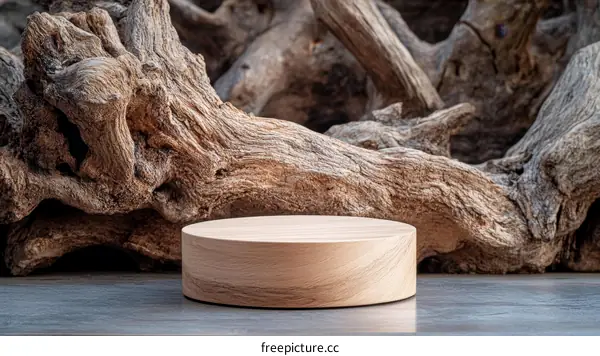 Wooden Display Stand Against Driftwood Background