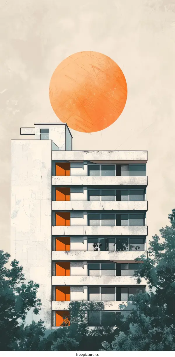 Retro sun setting over a brutalist apartment block