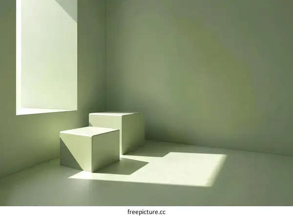 Minimalist Green Room with Two Cubes and a Window