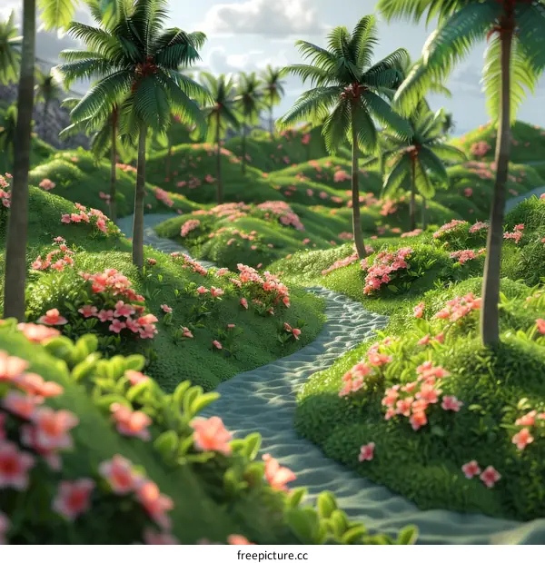 Tranquil Tropical Island Paradise with Pink Flowers