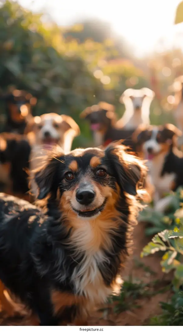 Happy Dog in the Garden with Dog Friends