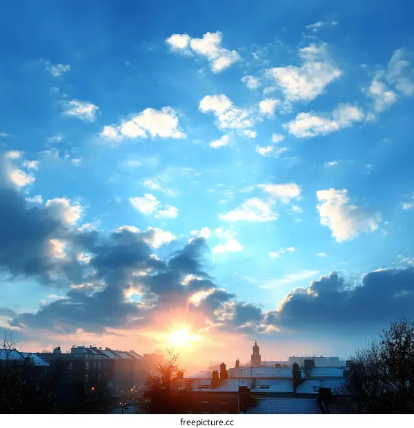 Winter Sunrise over City Buildings and Snow-Covered Roofs