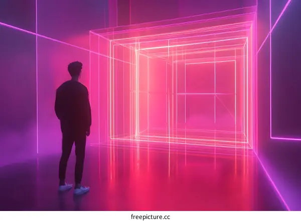 Neon Light and Silhouette of a Man in a Room