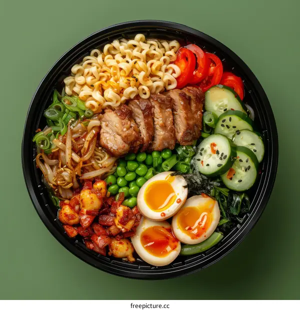 A bowl of ramen with pork, vegetables, and eggs