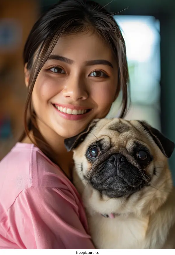 pug dog and girl